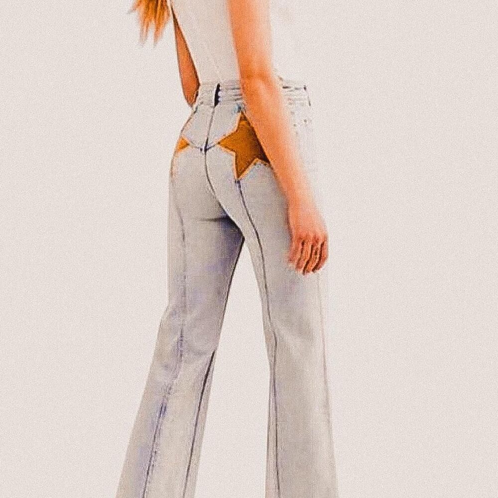 Free People firecracker Light Blue Flare Jeans with mustard yellow Star - Picture 4 of 8